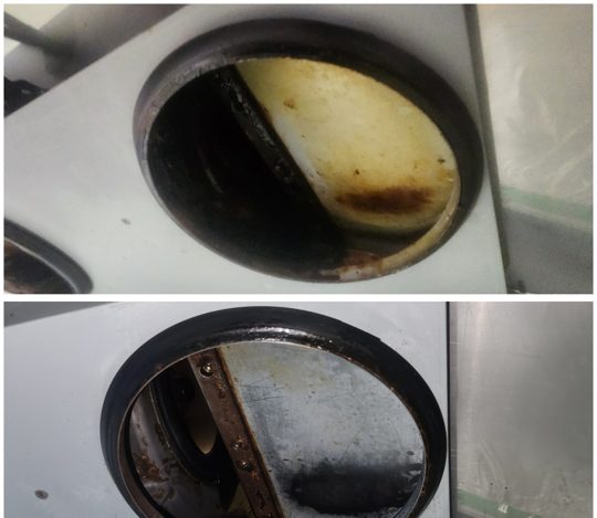 家用抽油煙機排風口清洗前後對比：上為清洗前、下為清洗後（真實案例）