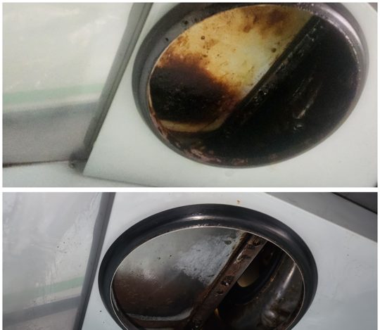 家用抽油煙機排風口清洗前後對比：上為清洗前、下為清洗後（真實案例）