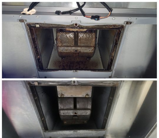 家用抽油煙機內部清洗前後對比：上為清洗前、下為清洗後（真實案例）