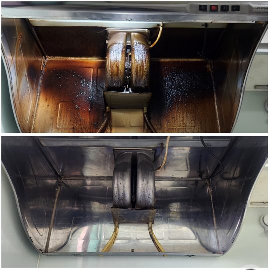 家用抽油煙機內部清洗前後對比:上為清洗前、下為清洗後(真實案例)