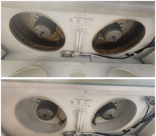 家用抽油煙機內部清洗前後對比：上為清洗前、下為清洗後（真實案例）