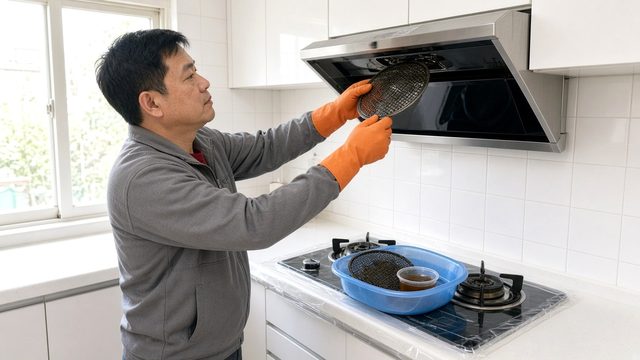 拆下抽油煙機集油杯與濾網